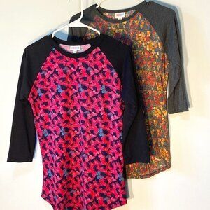 LulaRoe SZ XS - (2) NWOT Comfy Longline raglan sleeve t-shirts bright printed